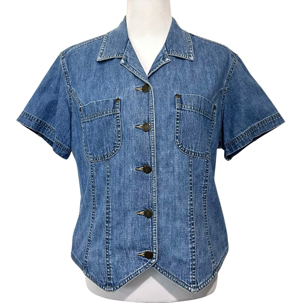 Wrangler Indigo Denim Chambray Pearl Snap Up Shirt Stretch Western Womens Sz M